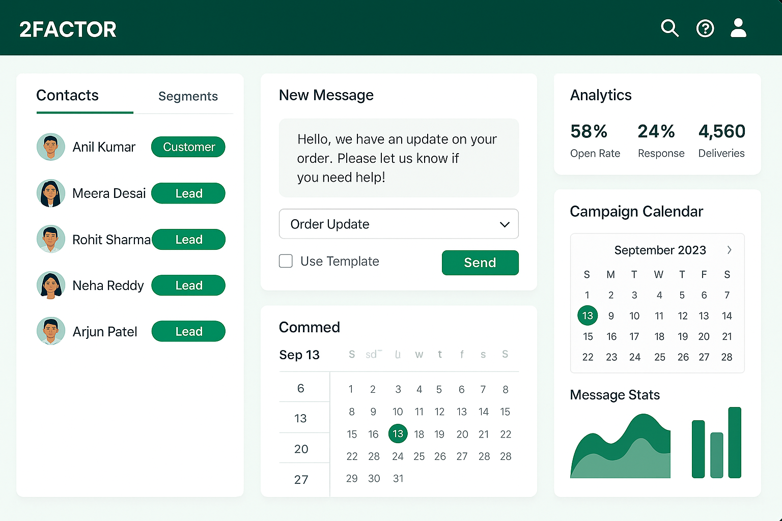 2Factor WhatsApp API Dashboard Interface - Contacts, Analytics, Campaign Management